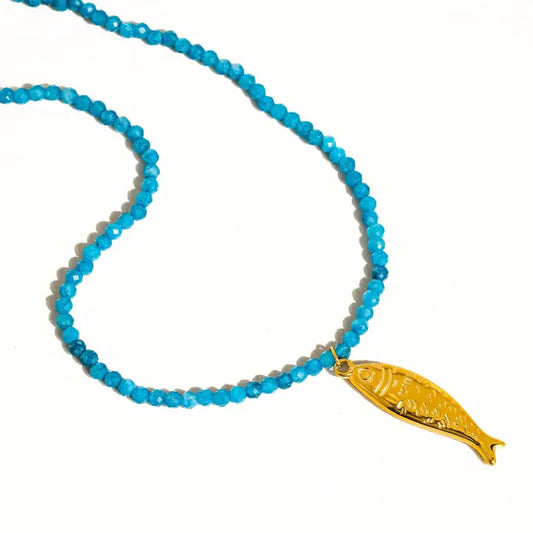 Sasha 18K Gold Non-Tarnish Fish Beaded Necklace - Blue