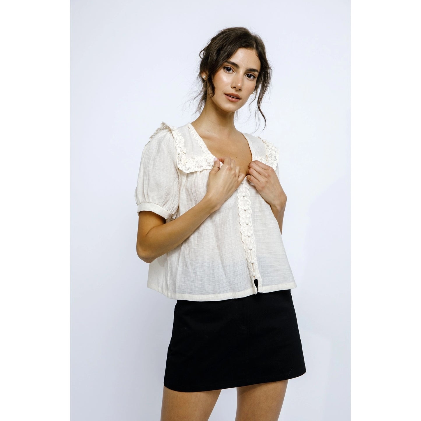 Cotton Crepe Peter Pan Lace Blouse - Cream