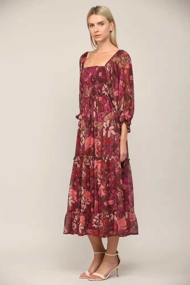 Chiffon Smocked Midi Dress - Wine Multi