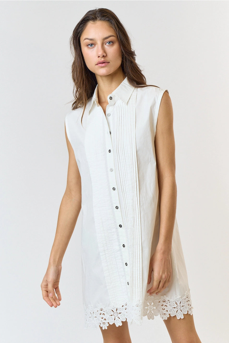 Lace Pintuck Collared Button Down Sleeveless Dress - Off White