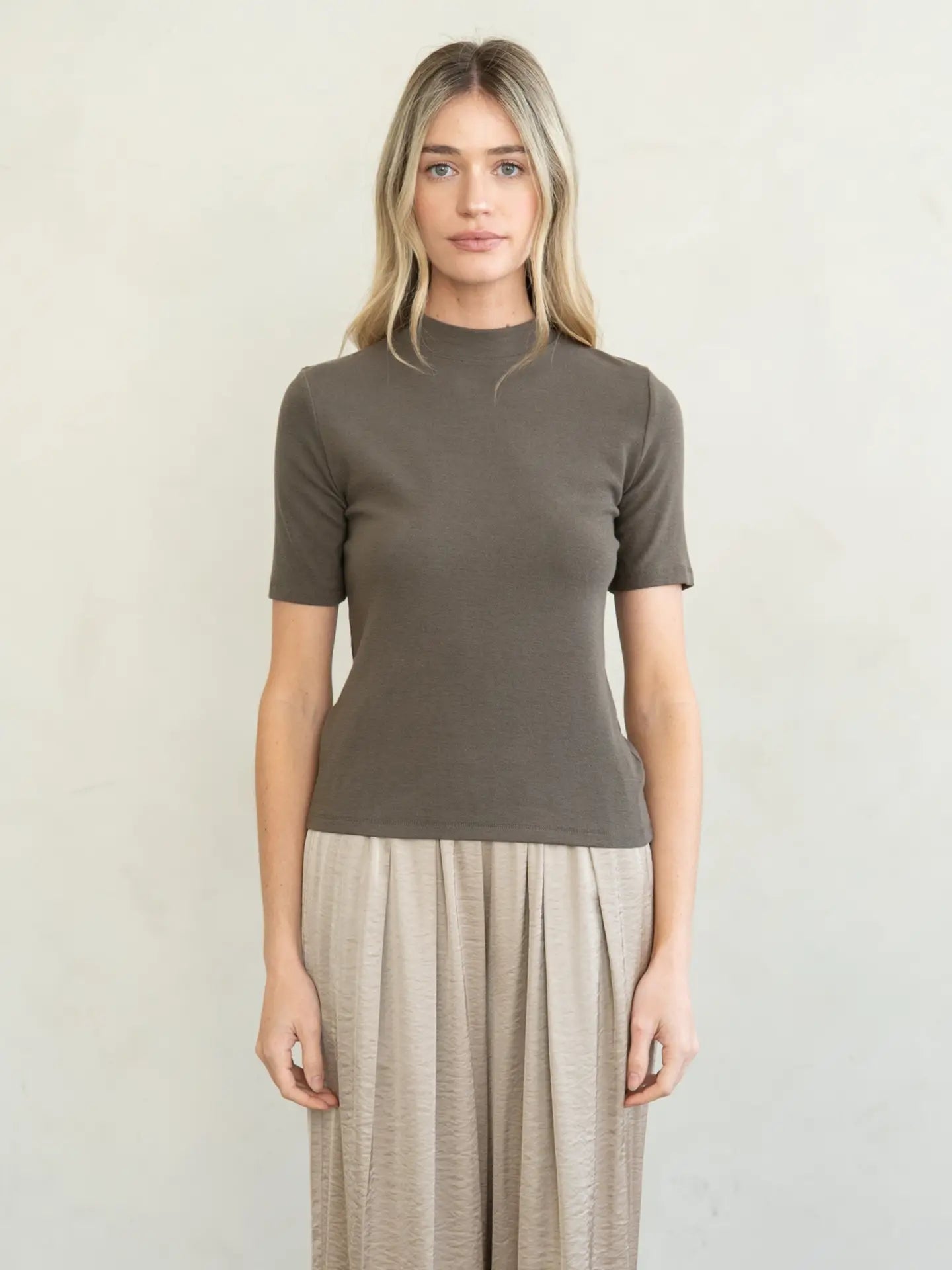 Mock Neck Short Sleeve Top - Brown