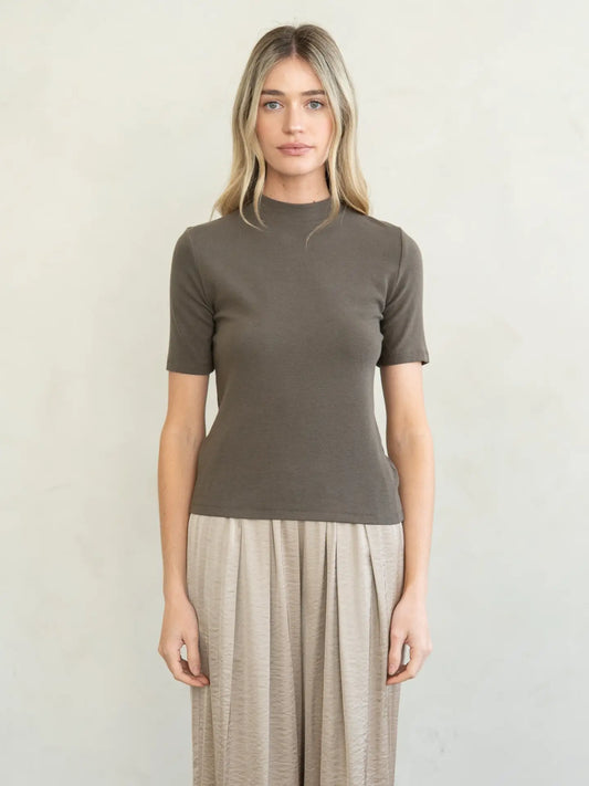 Mock Neck Short Sleeve Top - Brown