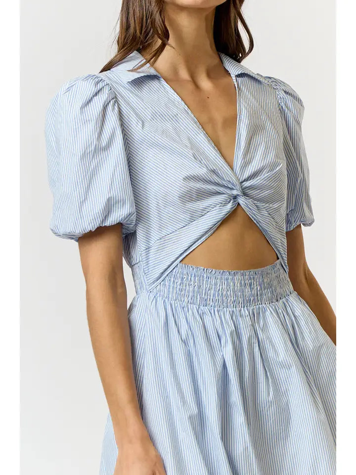 Twisted Front Cutout Dress - Blue Stripe