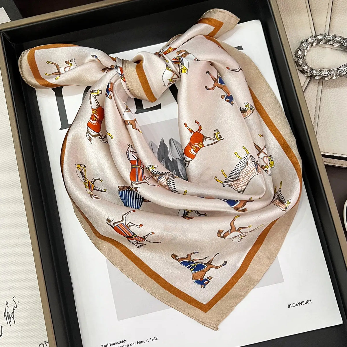 Silk Square Scarf - Ivory Horse Print
