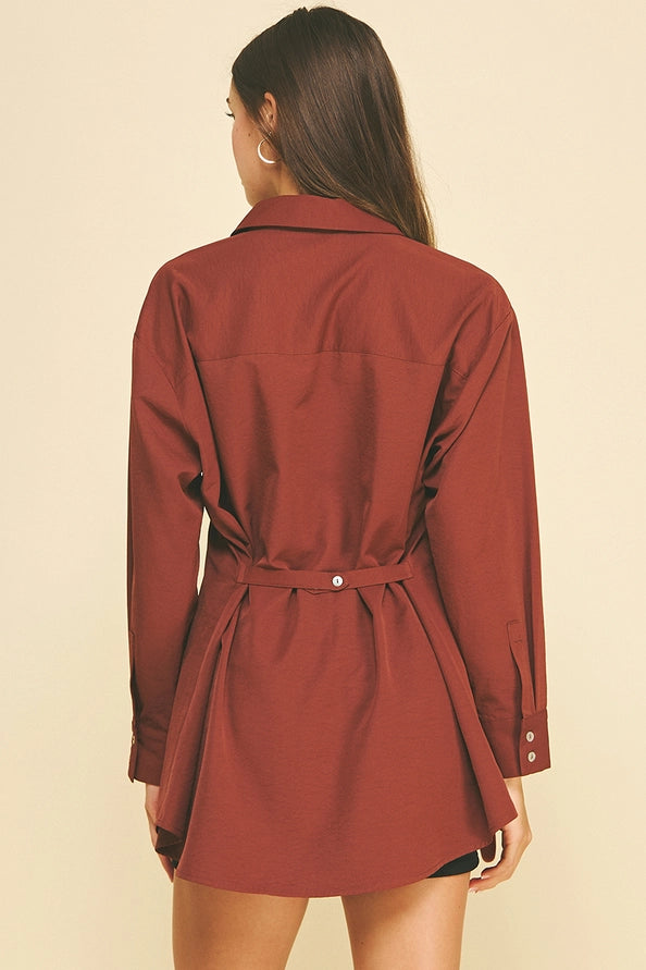 Collared Longline Shirt- Red Brown