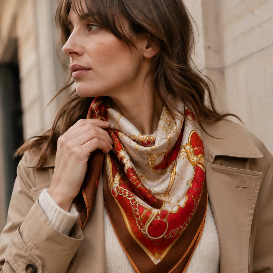 Silk Square Scarf - Red Chain Design