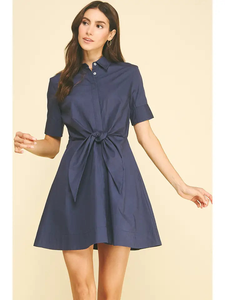 Tie-Front Button Down Mini Dress - Navy