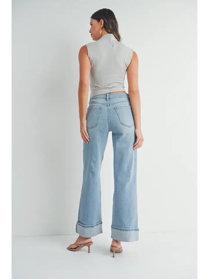 Cuffed Palazzo Denim Jeans - Light Denim