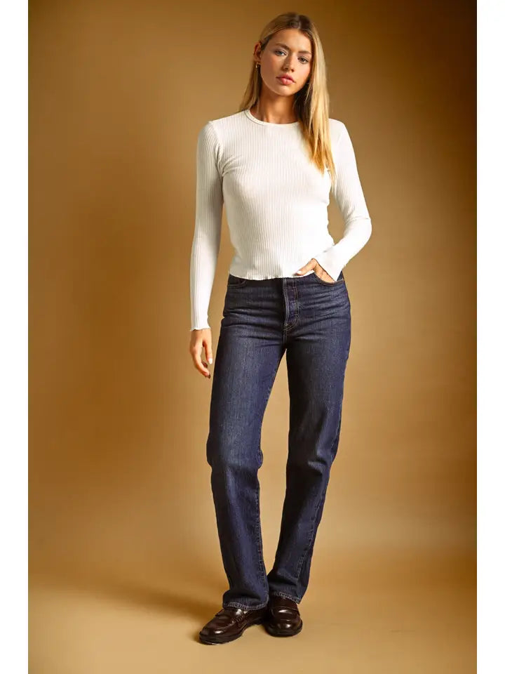 Long Sleeve Ribbed Top - Ivory