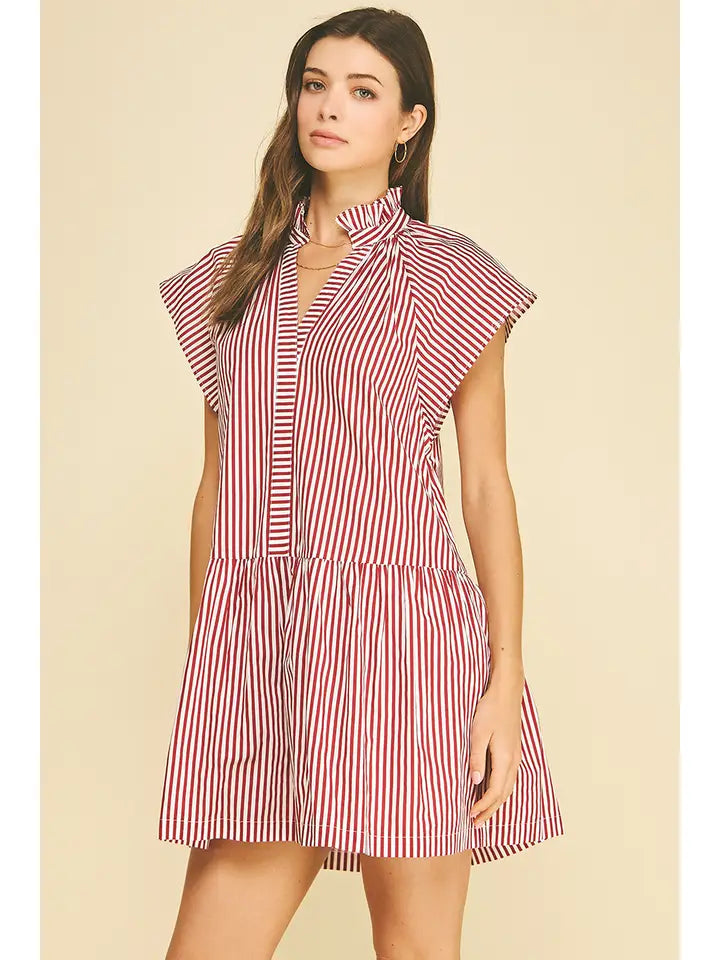 Ruffle Tunic Mini Dress - Red Stripe