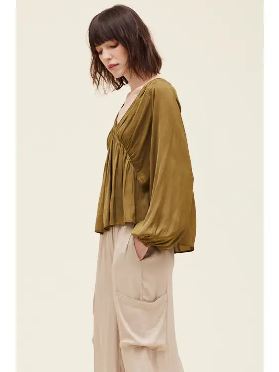 Grade + Gather - Gathered Satin Blouse - Moss