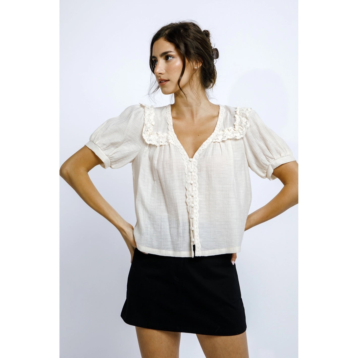 Cotton Crepe Peter Pan Lace Blouse - Cream