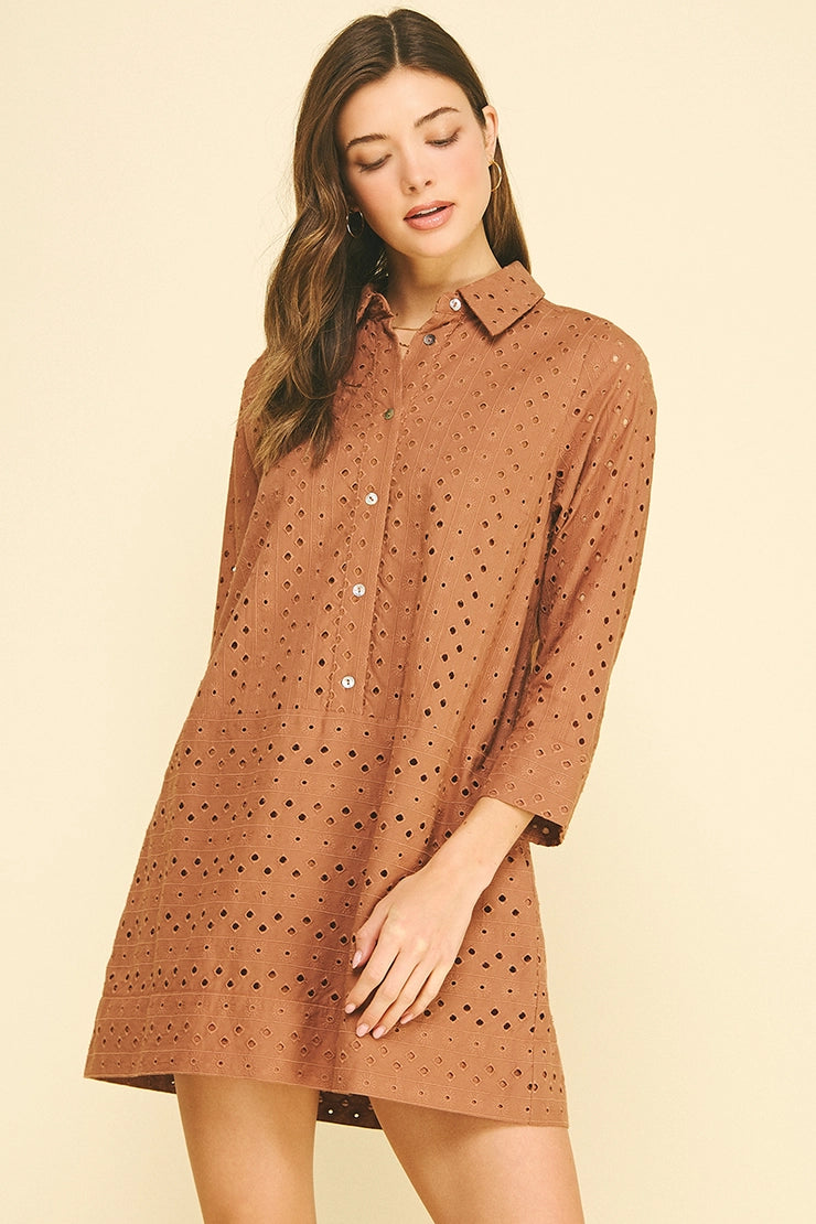 Eyelet Detailed Mini Dress - Brown