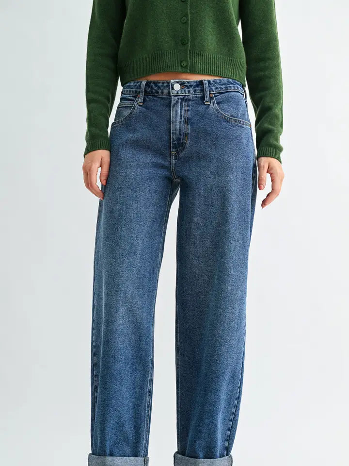 Mid Rise Cuffed Barrel Jean - Dark Denim