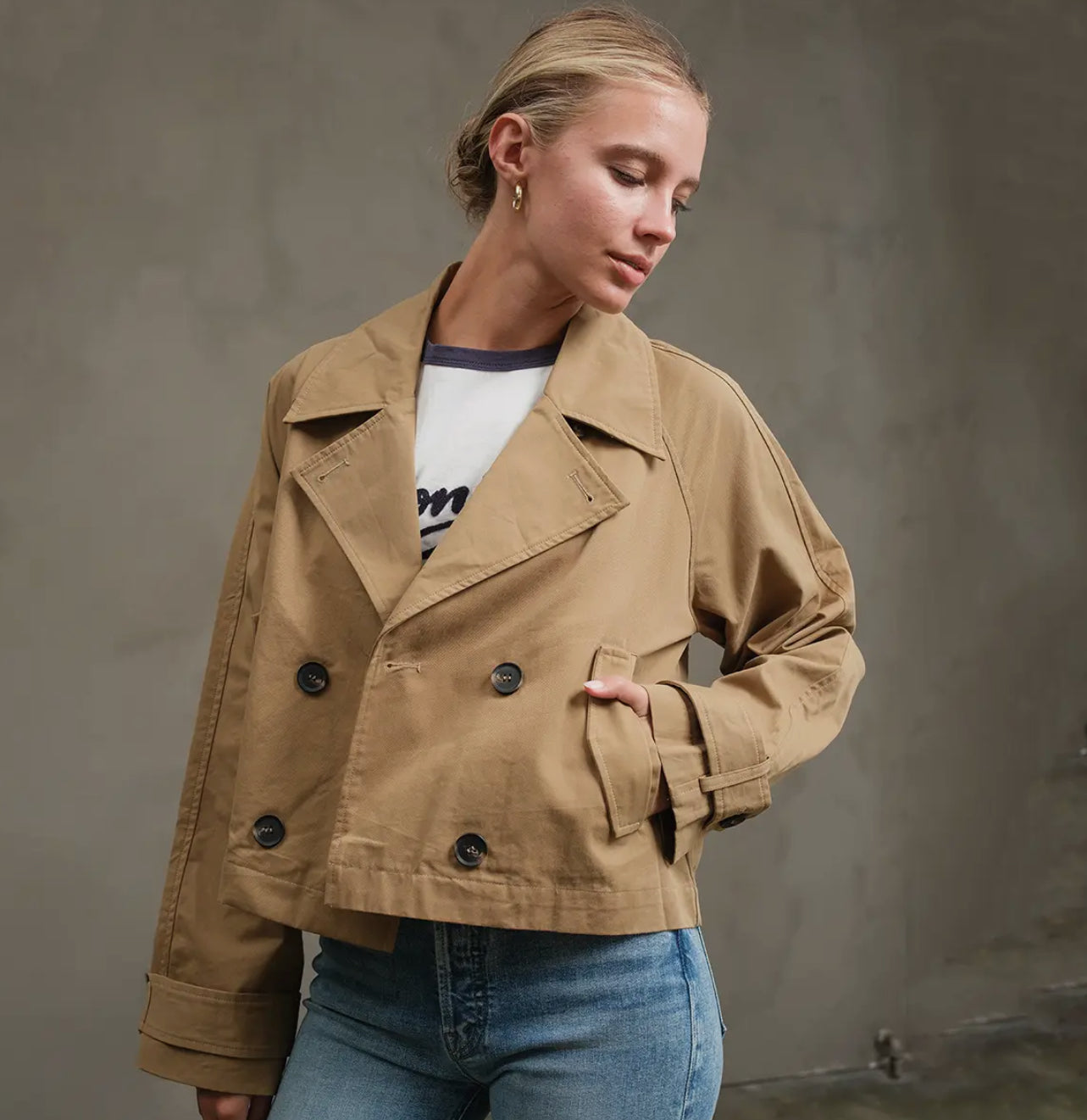 Short Double-Breasted Trench Jacket - Khaki Beige