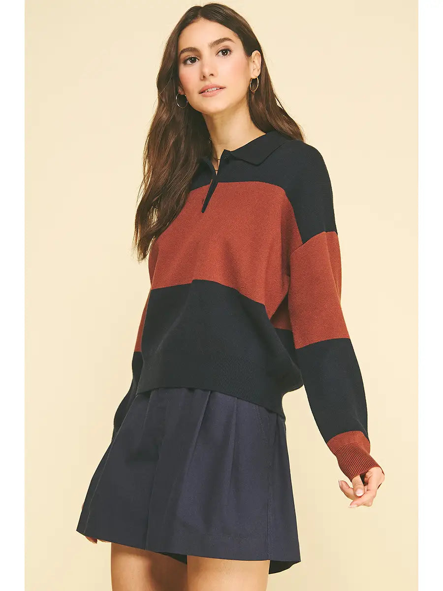Color Block Knit Polo Sweater - Navy + Rust
