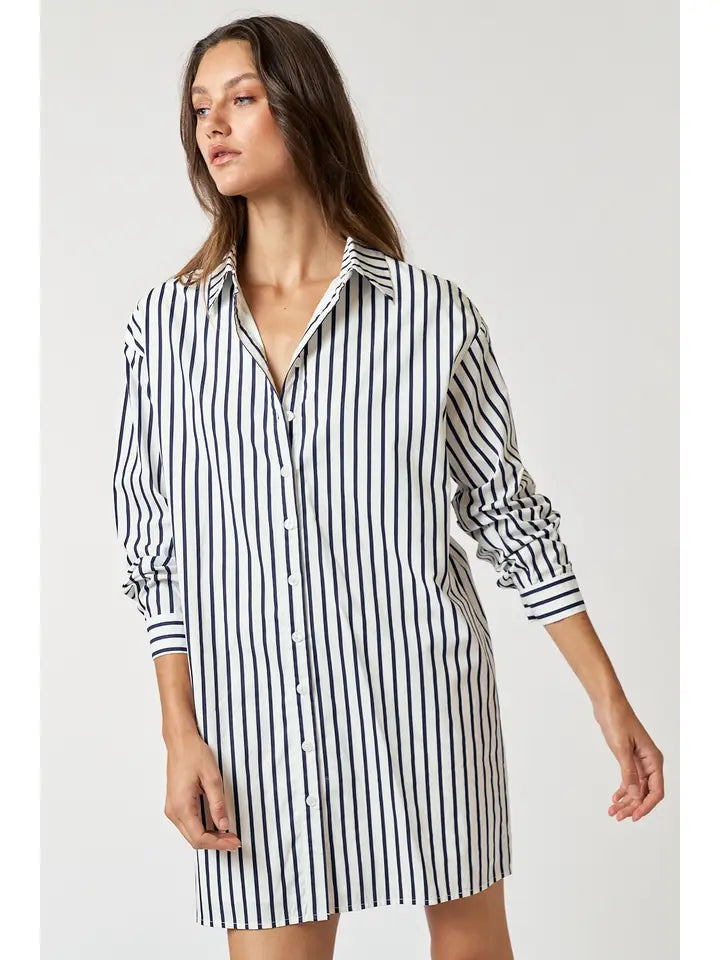 Striped Collar Button Up Shirt Dress - Off White + Navy