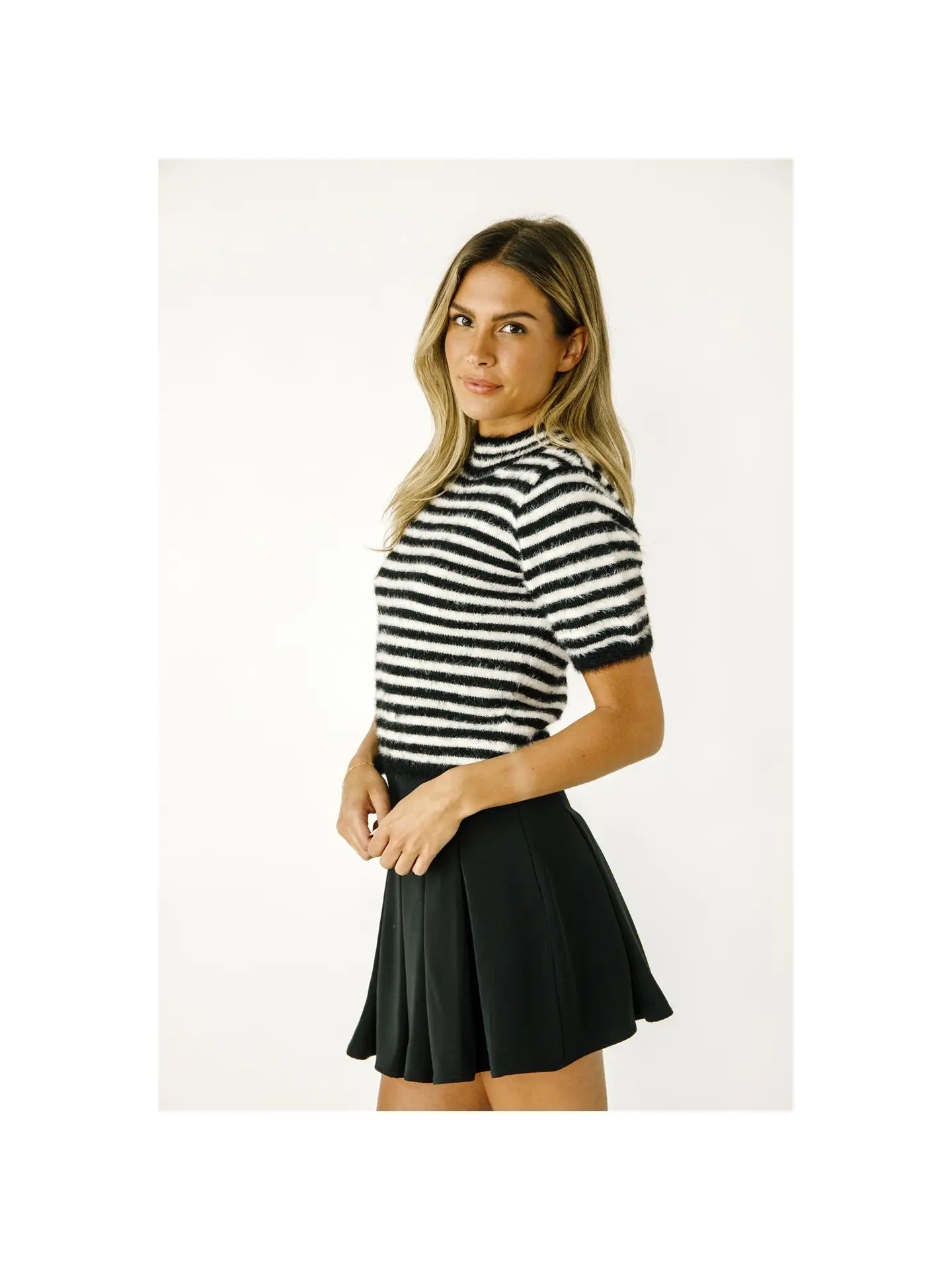 Short Sleeve Fuzzy Top - Black + White Stripe