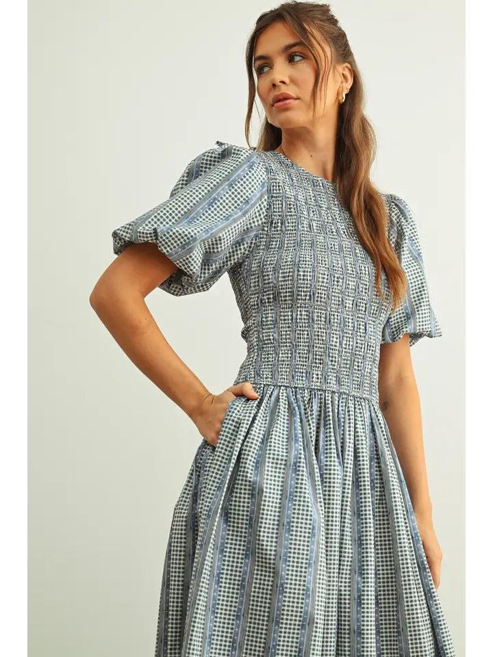 Puff Sleeve Dress - Blue Multi Floral Print