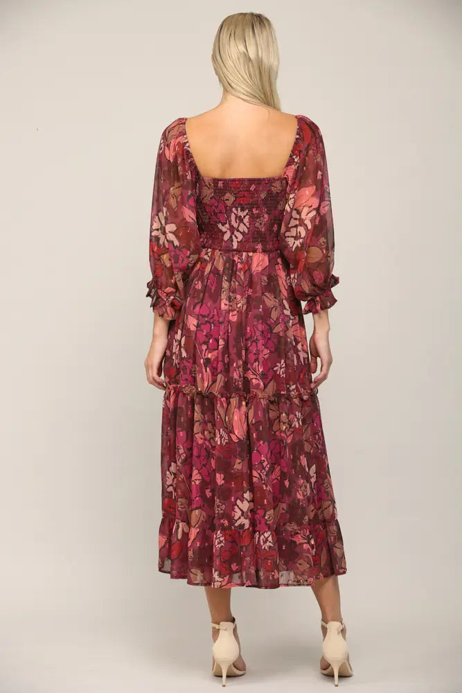 Chiffon Smocked Midi Dress - Wine Multi