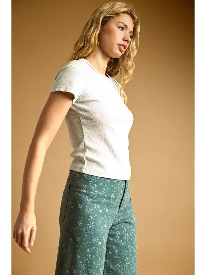 Round Neck Short Sleeve Top - Melange Grey