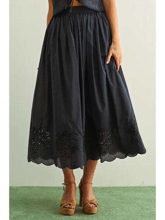 Embroidery Bottom Long Full Skirt - Navy