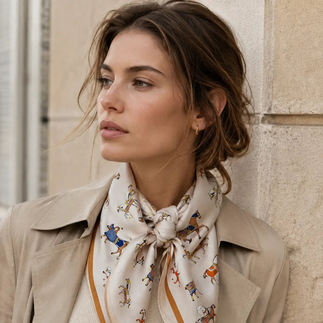 Silk Square Scarf - Ivory Horse Print
