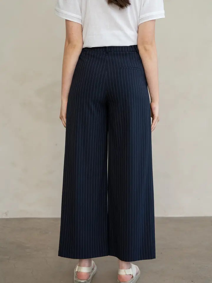 Pinstripe Wide Leg Drawstring Trousers - Navy Stripe