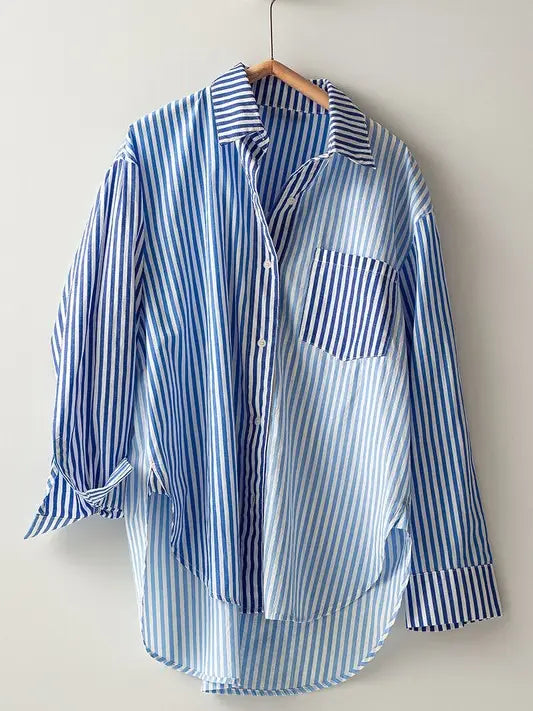Colorblock Striped Collar Shirt - Blue Multi