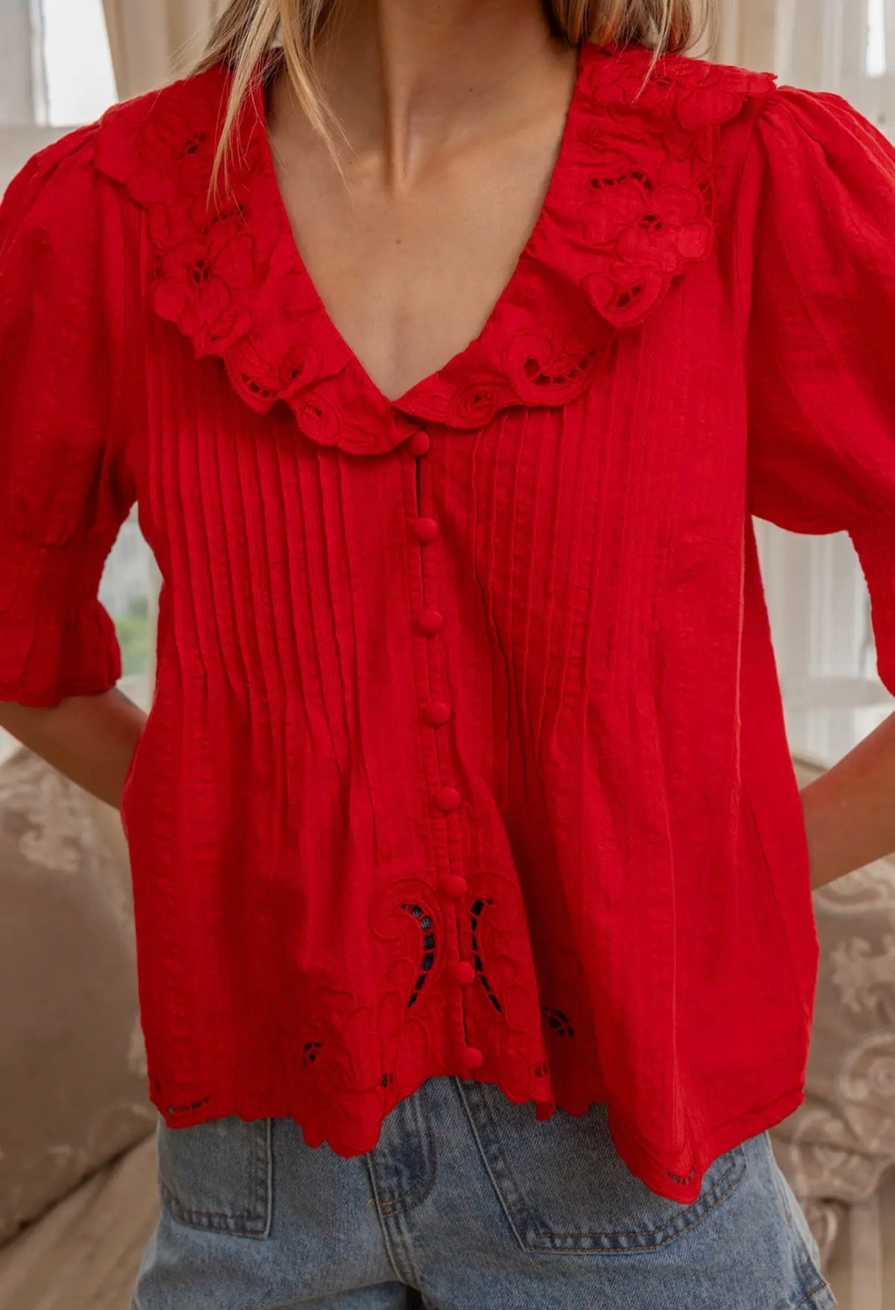 Ruffle Trim Lace Detail Blouse - Red