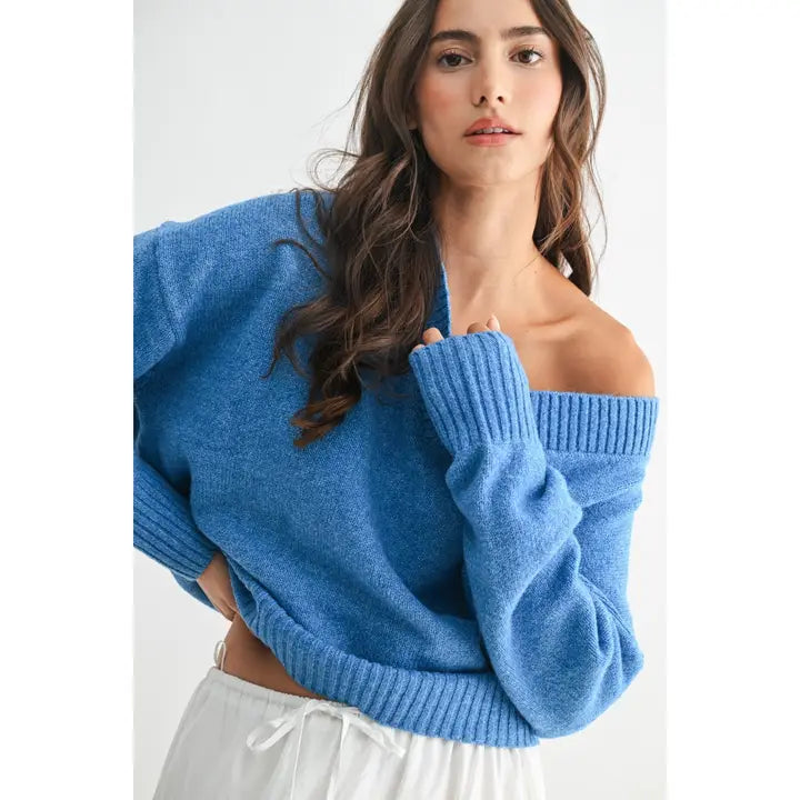 V-Neck Knit Sweater - Blue