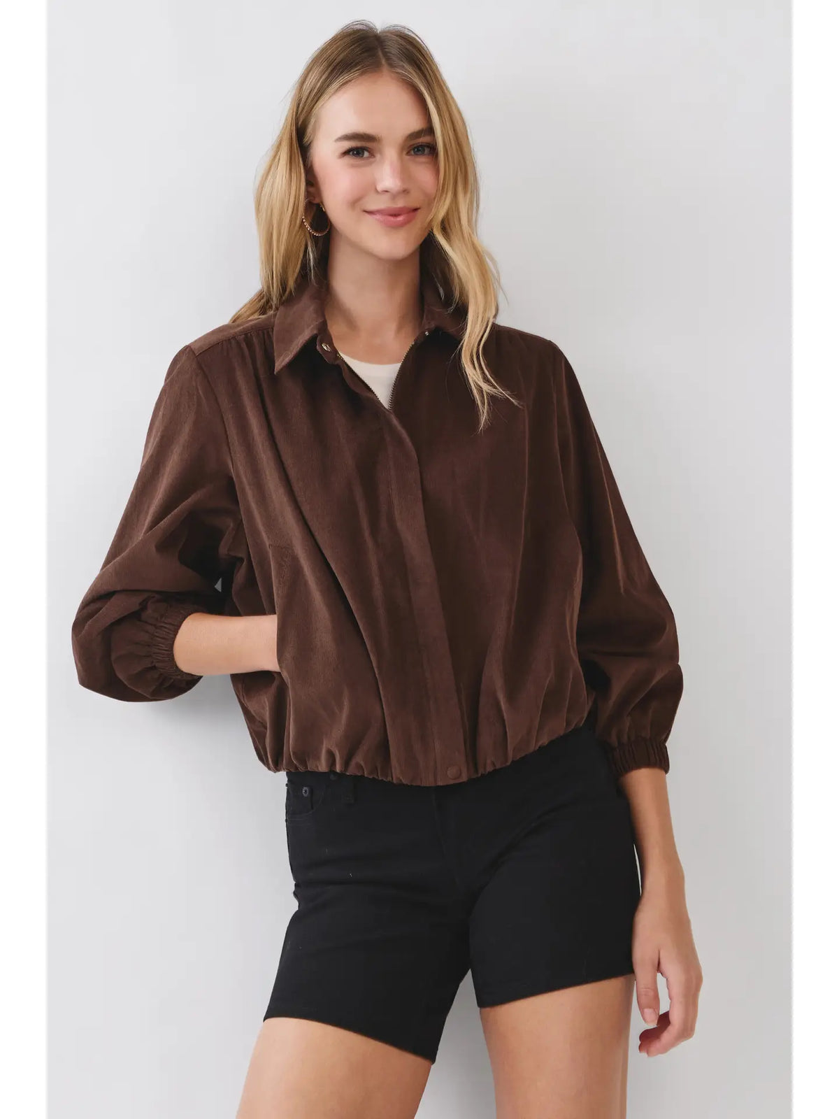 Corduroy Zip-Up Collar Jacket - Espresso
