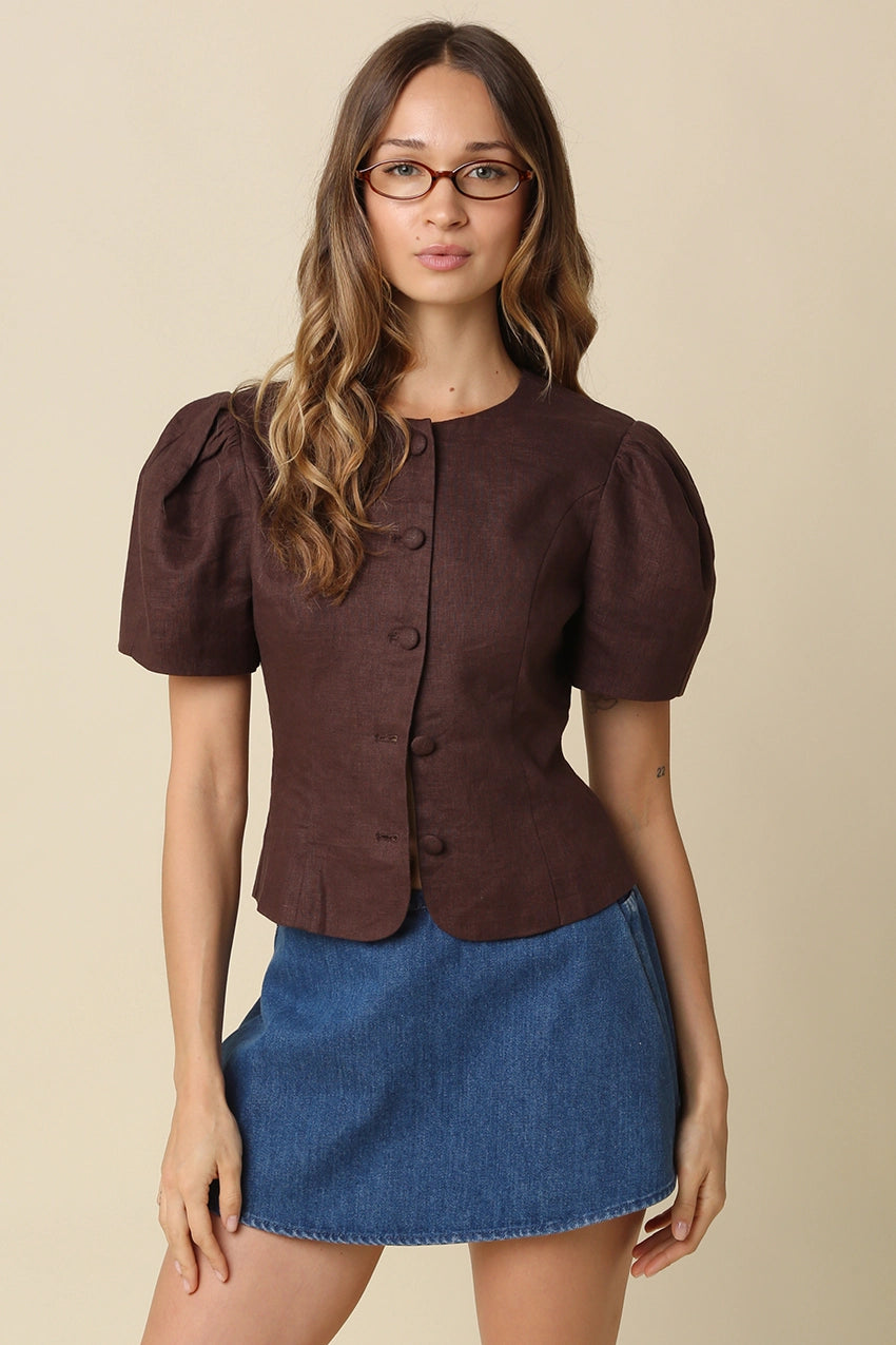 Nataly Puff-Sleeve Button-Front Blouse - Brown