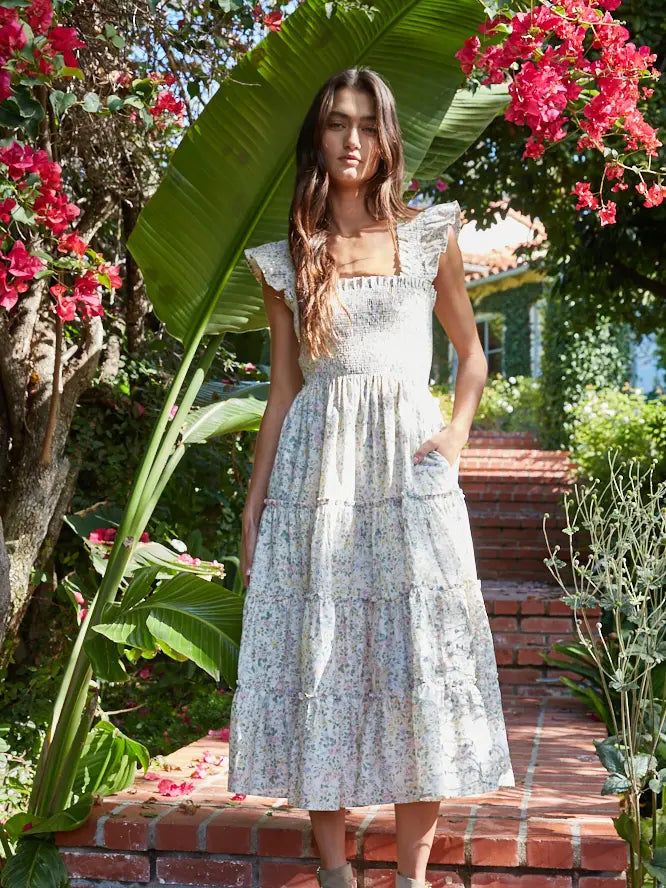 Woven Floral Tiered Smocked Midi Dress - Cream Multi