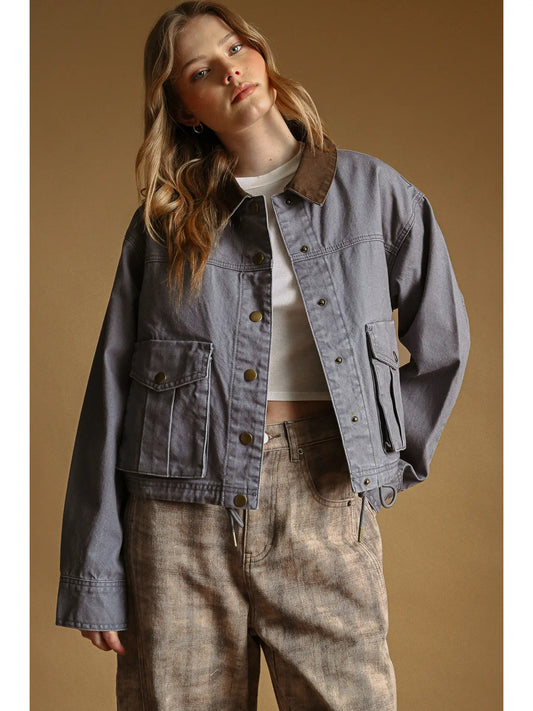Collar Contrasted Utility Jacket - Denim Blue