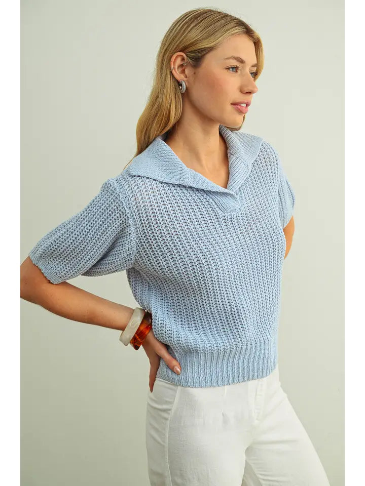 Collared Short Sleeve Knitted Top - Sky Blue