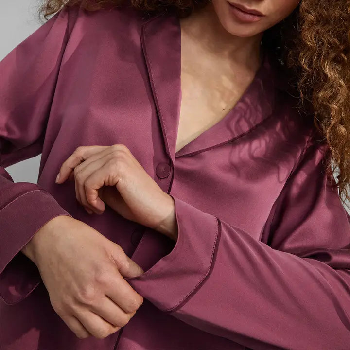 Lunya - Washable Silk Piped Long Sleeve Pant Set - Winter Rose/Calliope Wine