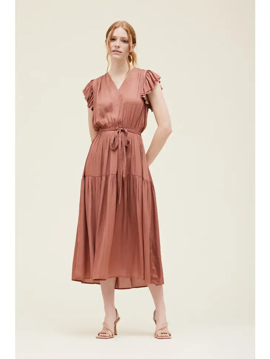 Grade + Gather - Bubble Sleeve Satin Dress - Rosewood