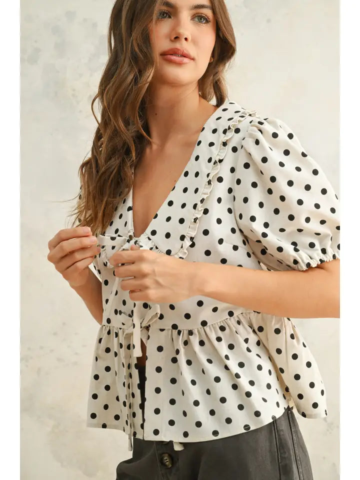 Polka Dot Print Linen Blouse - Oatmeal
