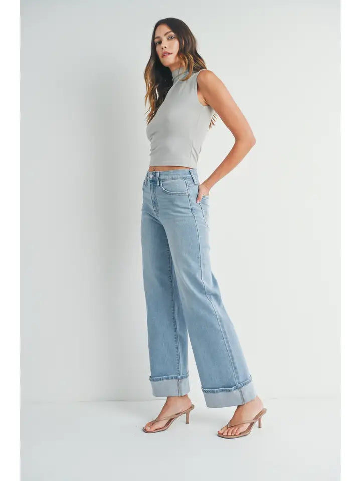 Cuffed Palazzo Denim Jeans - Light Denim