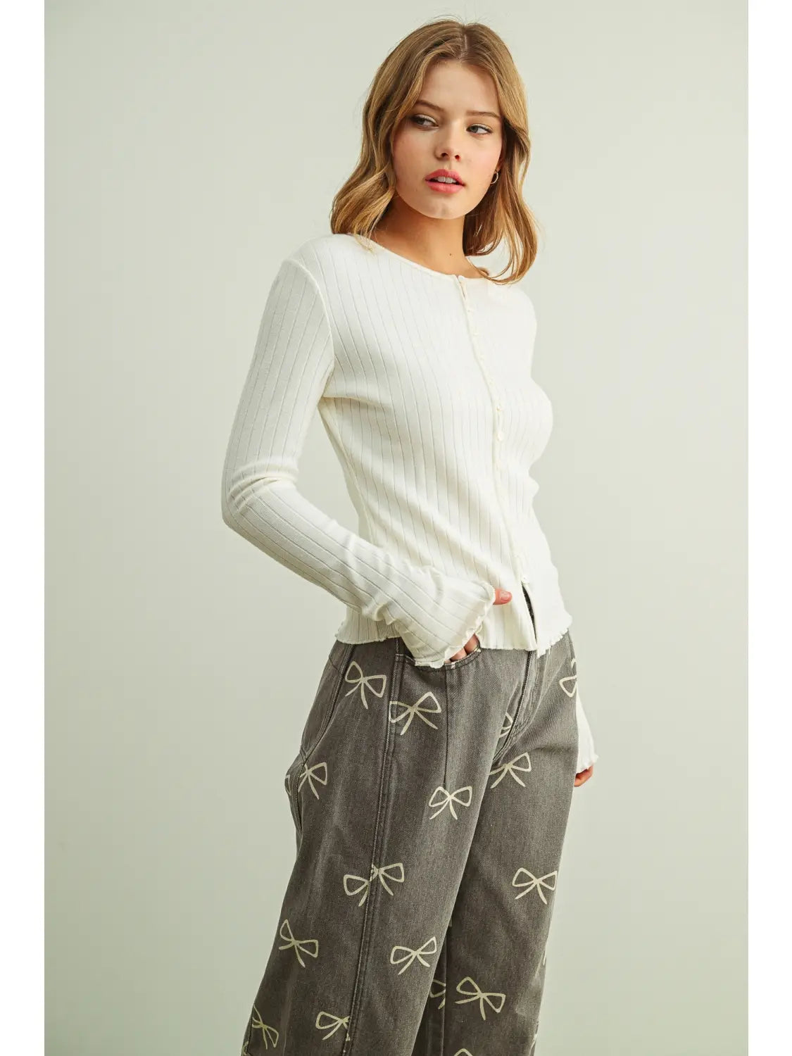 Button Front Ribbed Long Sleeve Knitted Top - Cream