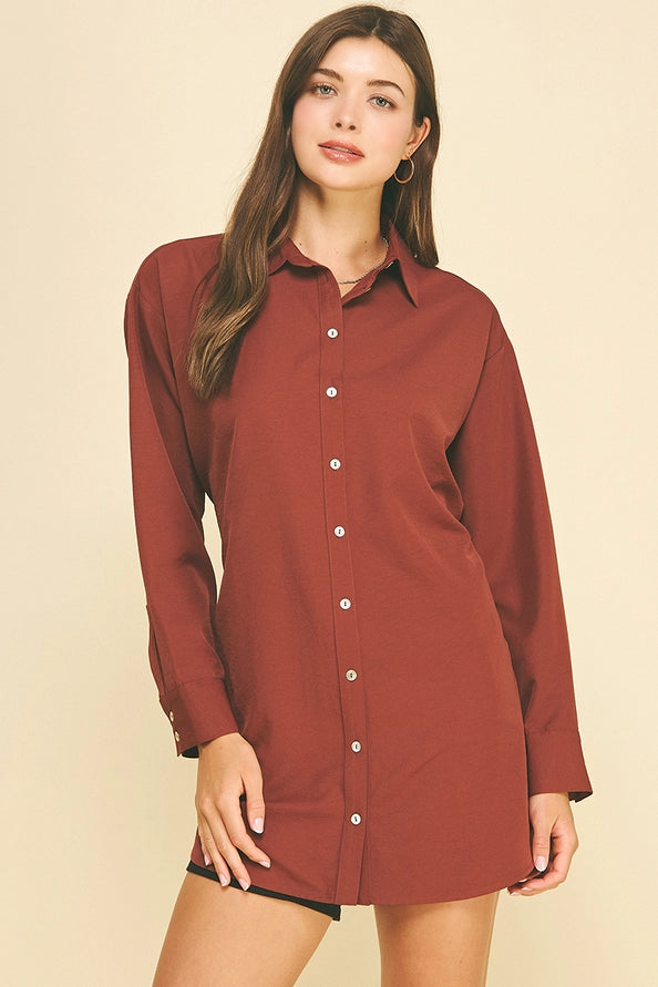Collared Longline Shirt- Red Brown