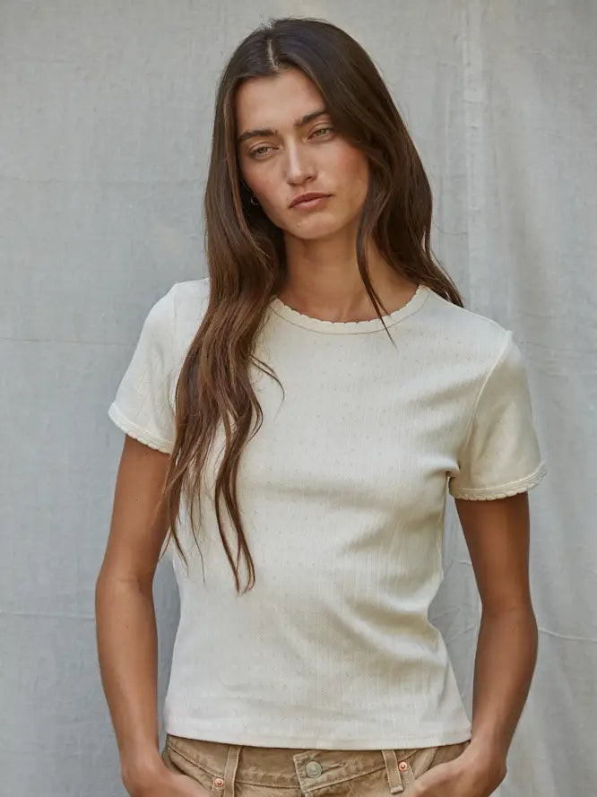 Knit Cotton Pointelle Short Sleeve Shirt - Cream