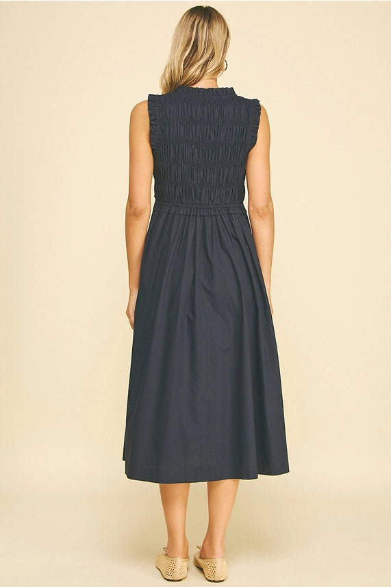 Front Tie Smocking Midi Dress - Ink