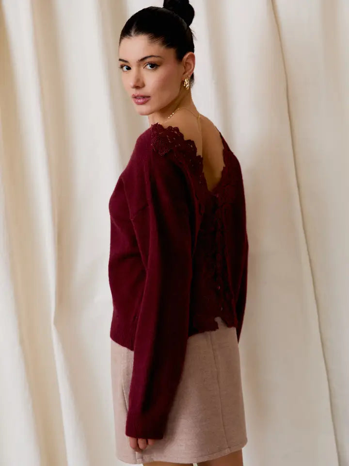 Back Lace Trim Long Sleeve Sweater - Wine