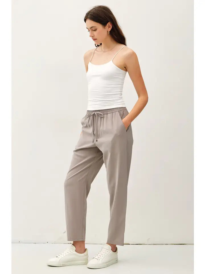 High Rise Elastic Drawstring Pants - Earth Gray