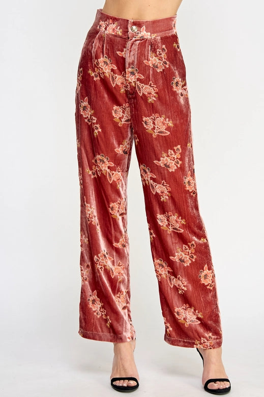 Floral Velvet Trousers - Pink