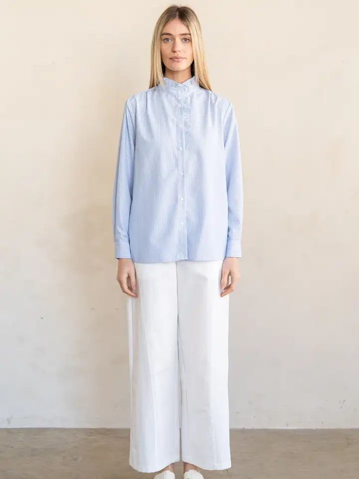 Ruffle Neck Blouse - Light Blue Stripe