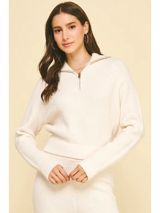 Waffle Textured Zip-Up Sweater - Cream