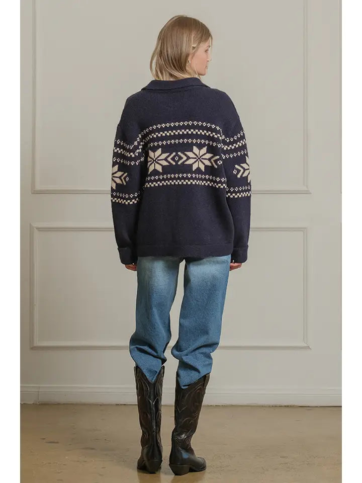 Nordic Snowflake Knit Cardigan - Navy
